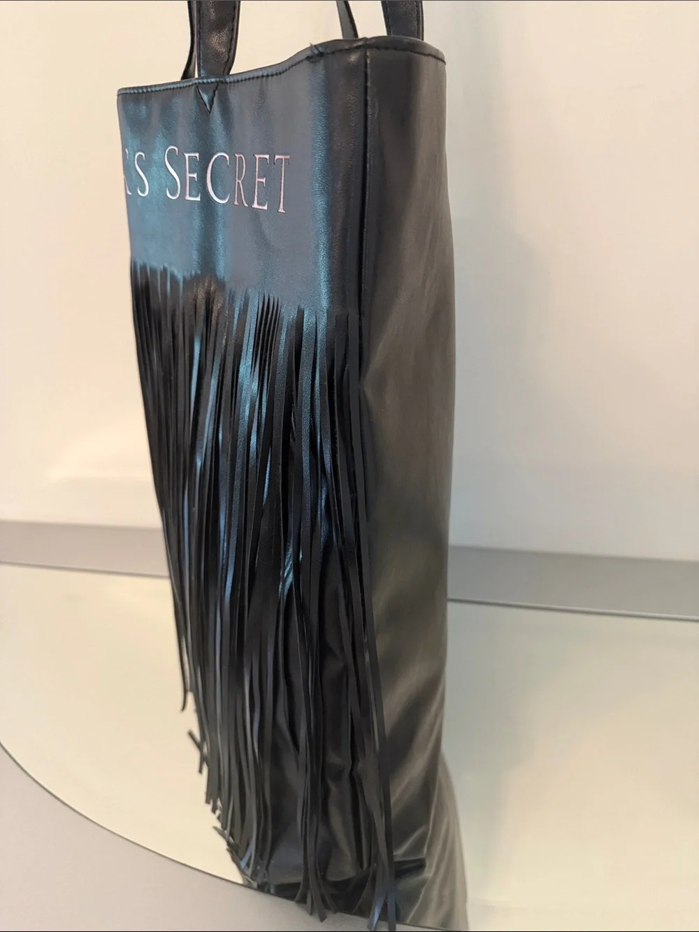 VICTORIA’S SECRET Flirty Fringe Tote Bag Black Faux Leather Limited Edition